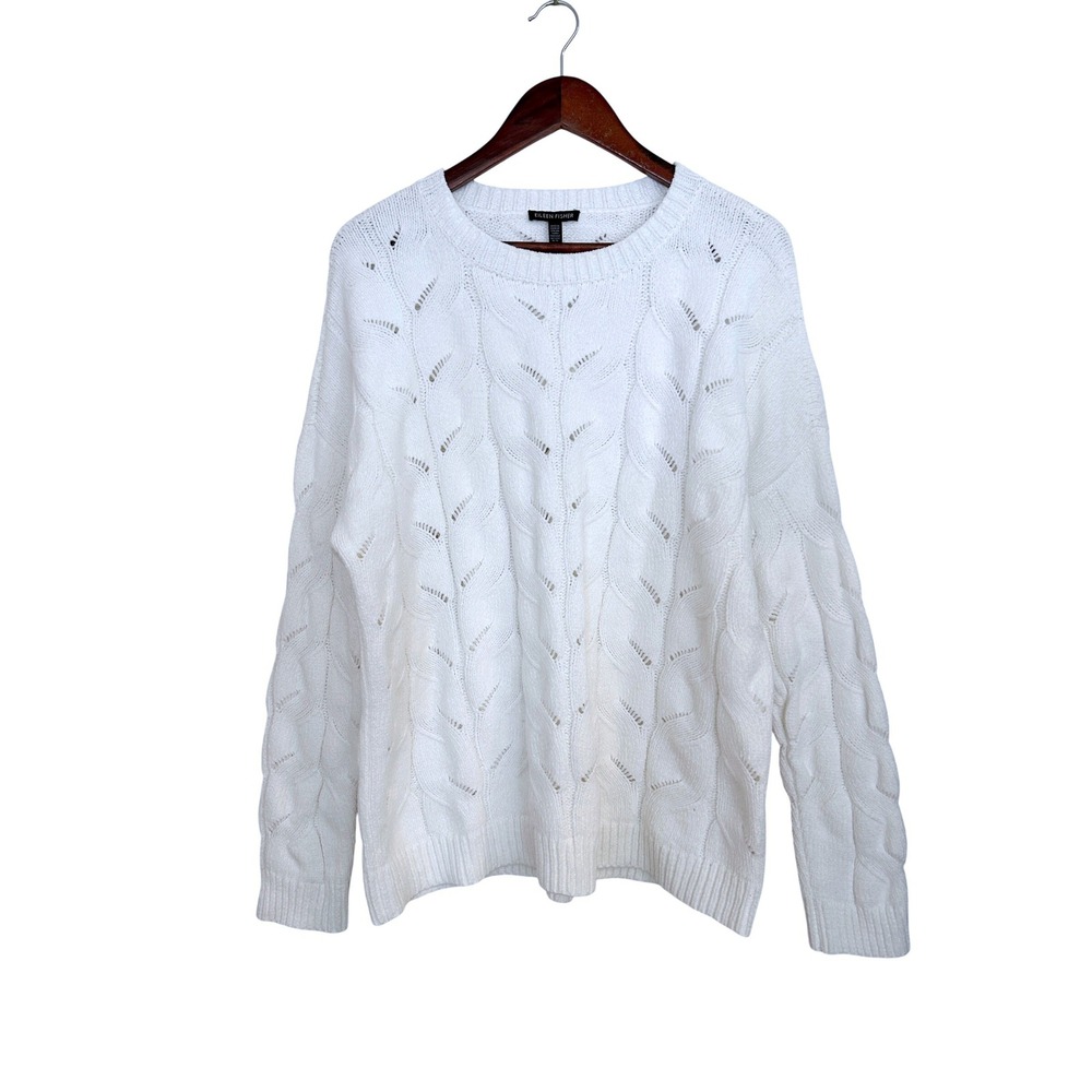 Eileen Fisher Organic Cotton Cable Knit Pointelle Box-Top Sweater White M NWT